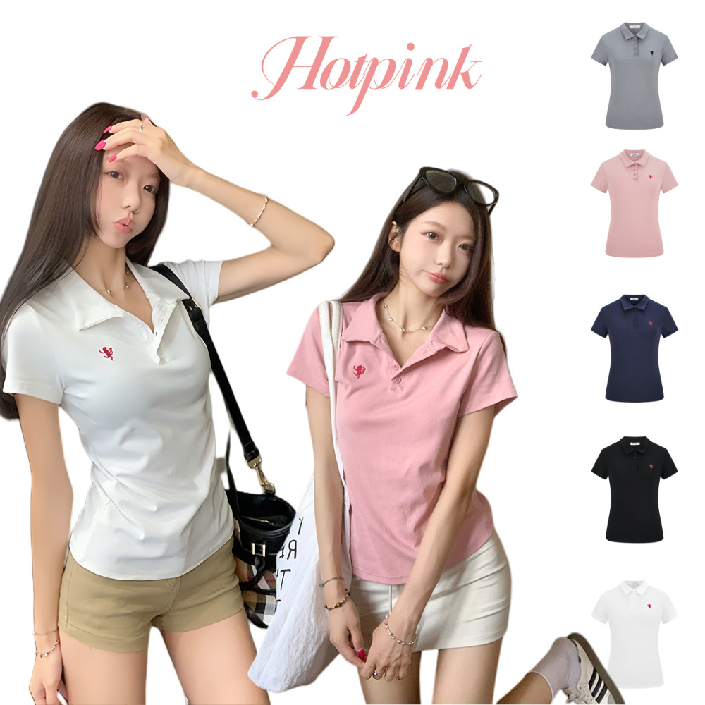 Hotpink🔥เสื้อยืดโปโลคอปกแขนสั้น ดีไซน์เรียบหรู สไตล์เรียบหรู สำหรับผู้หญิง  ดีไซน์พื้นฐานและอเนกประสงค์ 2025  มาใหม่
