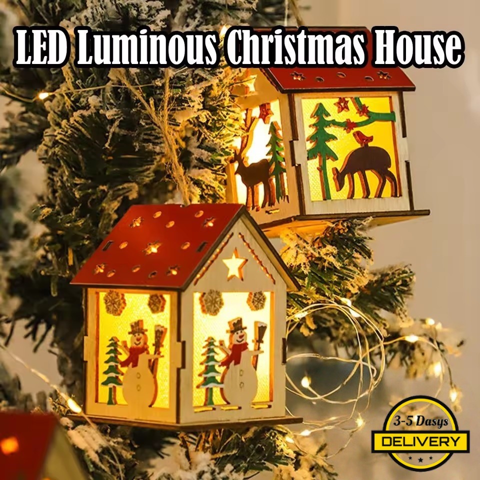 คริสต์มาสเรืองแสง Chalet Decor 1/2/3 ชิ้น | จี้ไม้ใส่ถ่าน | เหมาะสำหรับตกแต่งต้นไม้และงานเลี้ยง | แบ