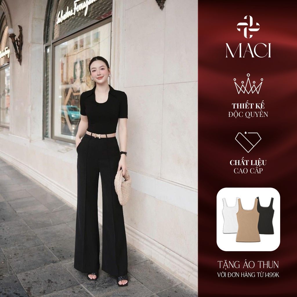 กางเกงทรงตรงยางสีดําทําจากวัสดุครอสเชื่อมคุณภาพสูง MACI by MKC MCQQTDE0100 ดีไซน์พิเศษแฟชั่นสตรี