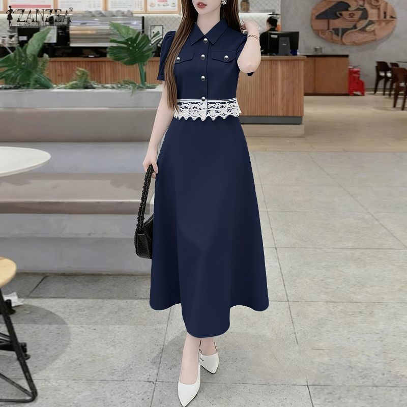 Zanzea ชุดเสื้อและกระโปรงสำหรับผู้หญิงสไตล์เกาหลี แขนสั้น คอปก พร้อมลายลูกไม้และยางยืด — صورة 6