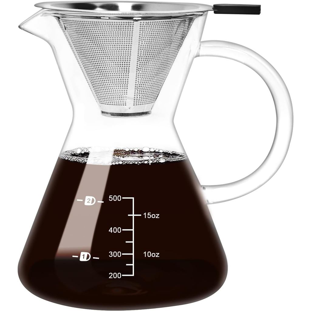 500ML(16.9oz) เครื่องชงกาแฟ Glass Pour Over พร้อม Double Stainless Filte - 4 Cup (ประมาณ 4 ออนซ์ Per