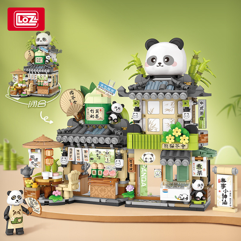 LOZ Building Block Panda Tea Club Street View Bear Coffee Shop ใส่ของขวัญของเล่นเพื่อการศึกษา