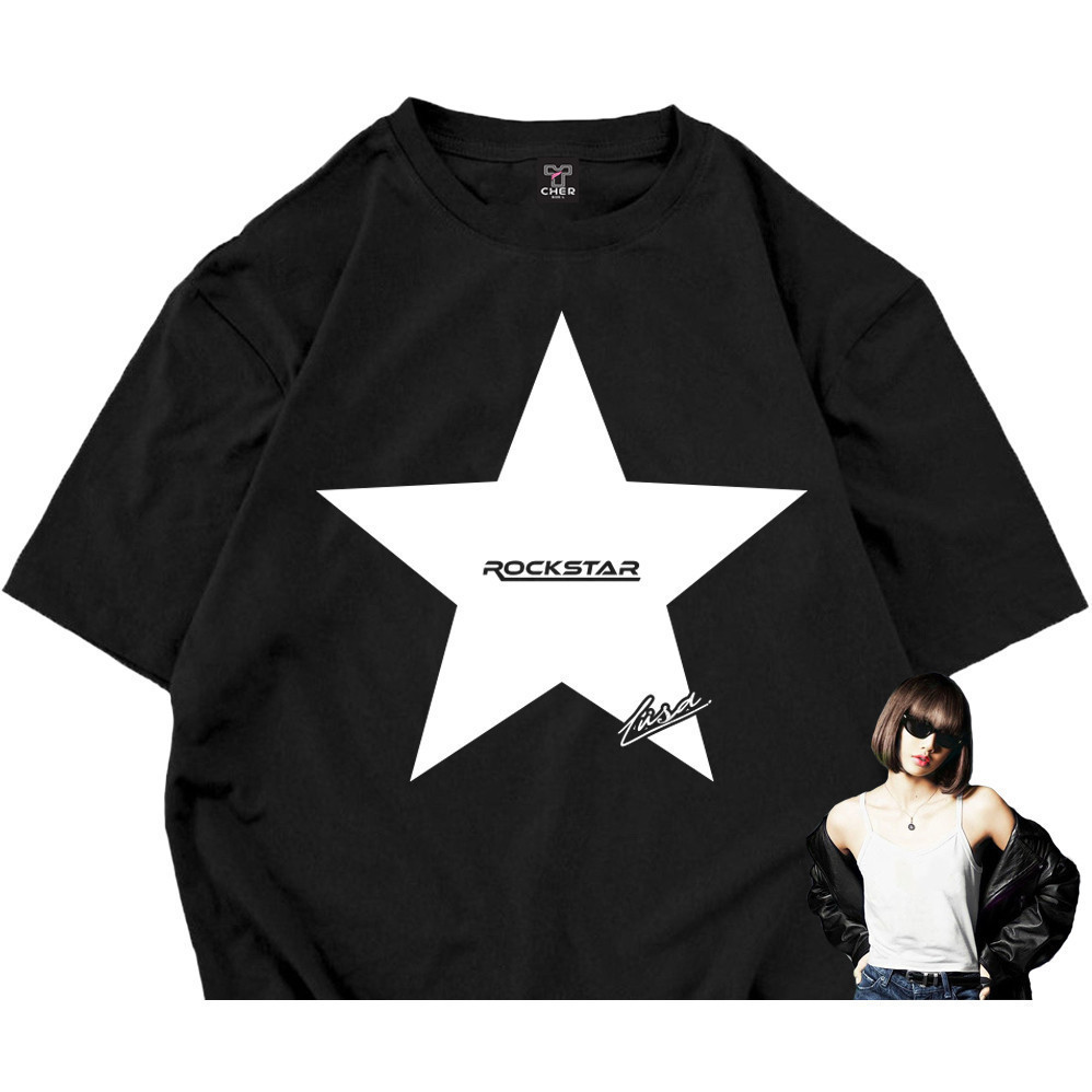 Rockstar Lisa เสื้อยืด Rockstar รูปแบบพิมพ์เสื้อยืดผ้าฝ้ายพรีเมี่ยมสูง BRON สีชมพู Lisa Star สไตล์ผ้
