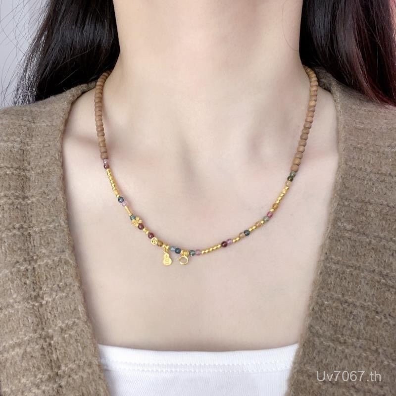 สร้อยคอมาลาไพลธรรมชาติ ดีไซน์อินเดีย ประดับดอกจันทร์ส้ม ขนาด 4 มิลลิเมตร NCH3