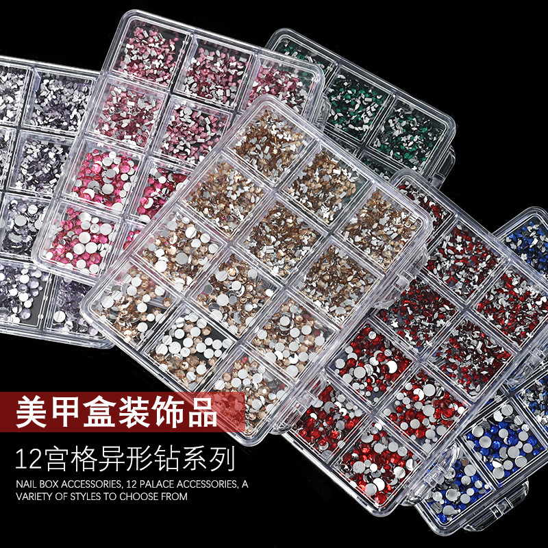 ตกแต่งเล็บไม่สม่ําเสมอรูป Rhinestones 12 กริด Flatback สีสัน Rhinestones ไม่สม่ําเสมอเรซิ่นโปร่งใส