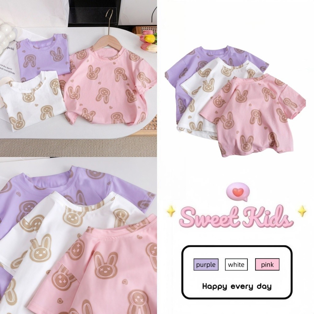 SweetKids พร้อมส่งจากกทม🌸ชุดเด็ก🍓สาวแขนสั้น เสื้อยืดลําลองฤดูร้อน พิมพ์กระต่ายการ์ตูน มีทั้งหมด 3 สีให้เลือก