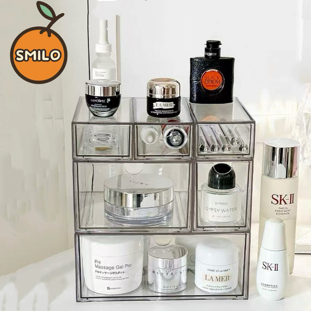 SMILO ลิ้นชักเล็ก กล่องใส่ของ ที่จัดโต๊ะ หลายขนาดประกอบ สีใส วางซ้อนกันได้ ประหยัดพื้นที่