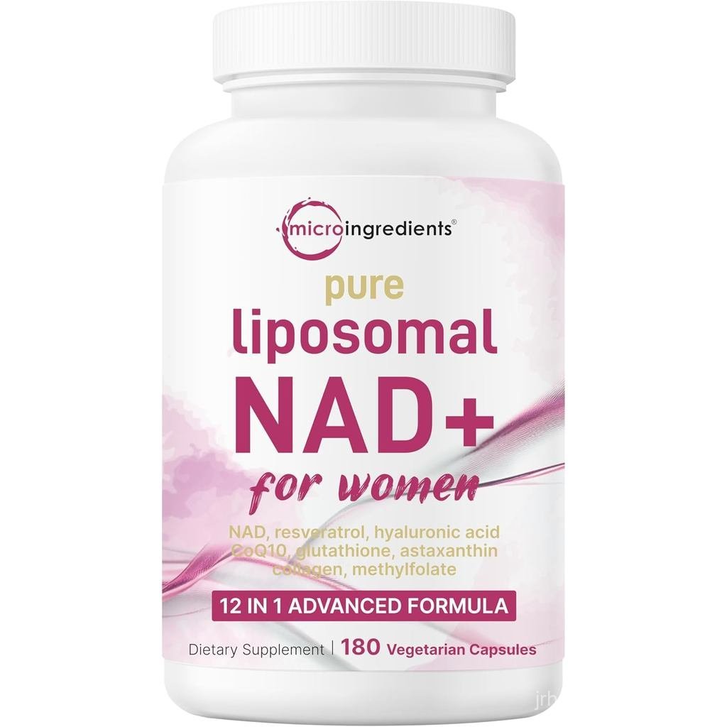 Pure Liposomal NAD+ สําหรับผู้หญิง 9,000 มก., 180 แคปซูลผัก | 12-in-1 พร้อม Resveratrol กรดไฮยาลูโรน