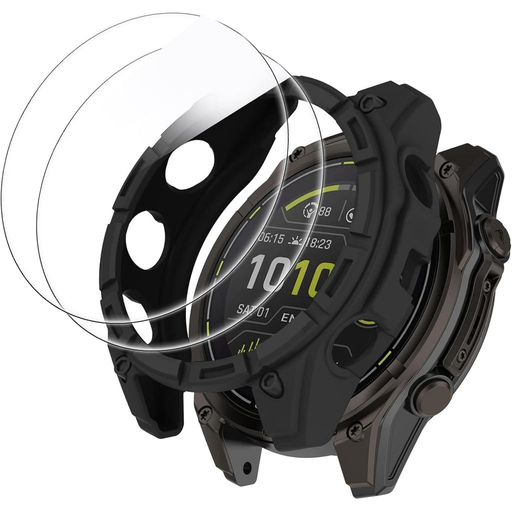 ใช้งานร่วมกับ Garmin Enduro 3 ป้องกันหน้าจอพร้อมกรณี, Lamshaw (2 + 1 แพ็ค) ฟิล์มกระจกนิรภัยครอบคลุมเ