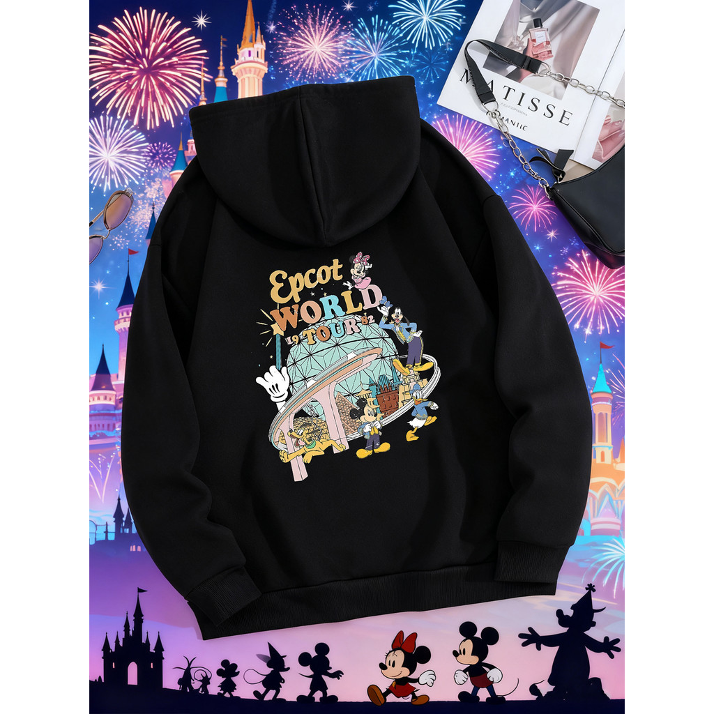 เสื้อกันหนาวมีฮู้ด สไตล์ย้อนยุค Epcot Retro จากDisney, สีดำ, เหมาะสำหรับฤดูใบไม้ร่วงและฤดูหนาว