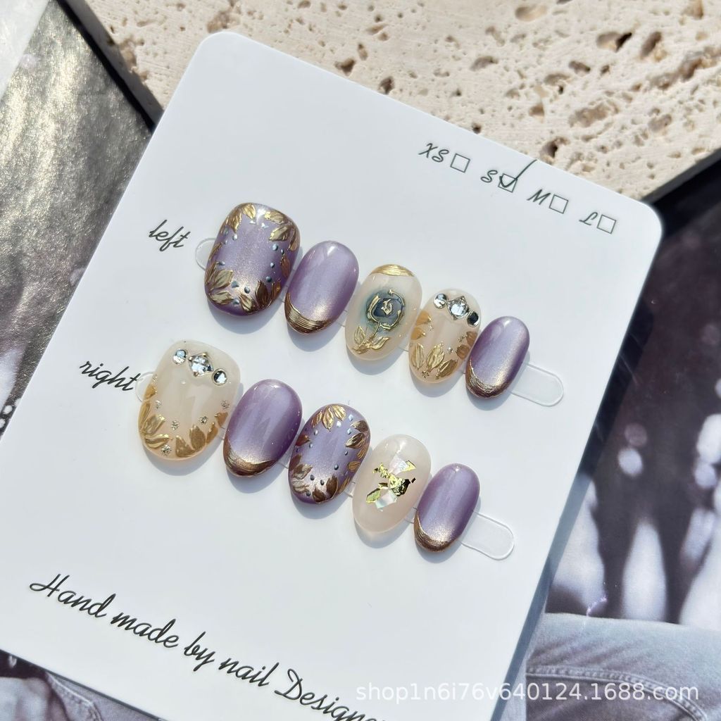 [Xiaguang Purple] Pure Hand-Weared Nails Purple Cats Eye Hand-Painted Small Flower Whitening Nailsสํ