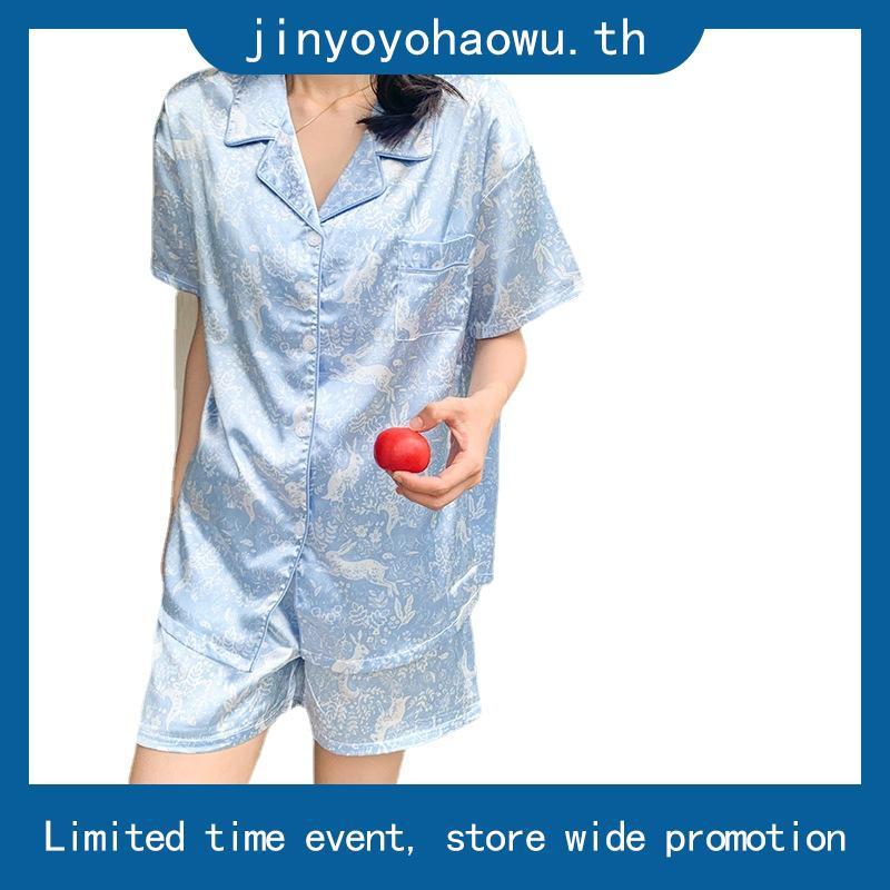 ชุดนอน ชุดนอนผ้าไหมน้ําแข็งผู้หญิงสไตล์มูลค่าสูงเสื้อแขนสั้นชุดชุดนอนระดับไฮเอนด์ผู้หญิง Homewear xx