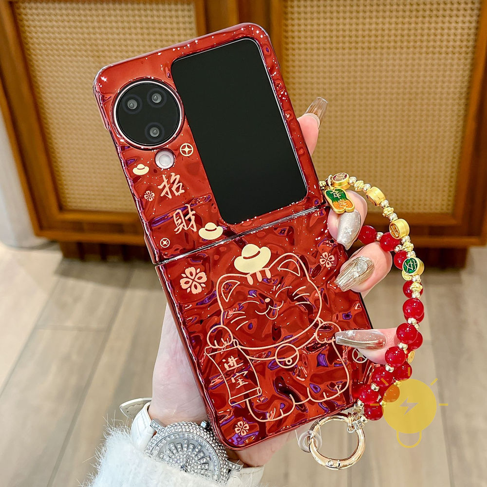 For เคสมือถือ TPU Red Cat Plating Fold เคส Phone Case For OPPO Find N3 Flip N2 Flip Cover  Aesthetic