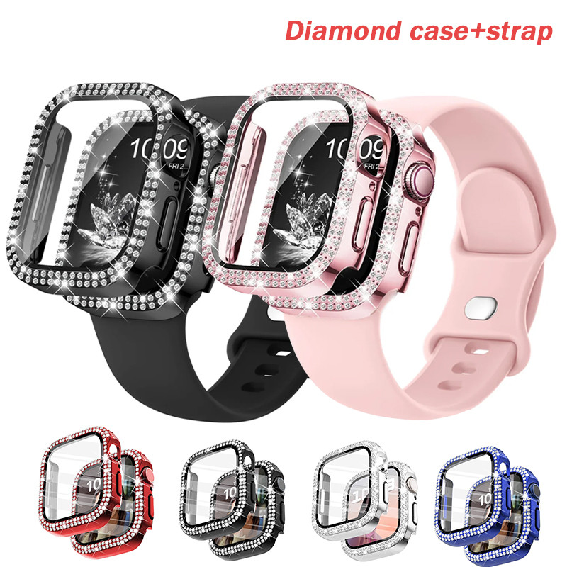 ตัวป้องกันหน้าจอกันชนเคสเพชร+สายรัดสําหรับ Apple watch series 11 10 9 8 7 6 5 4 SE