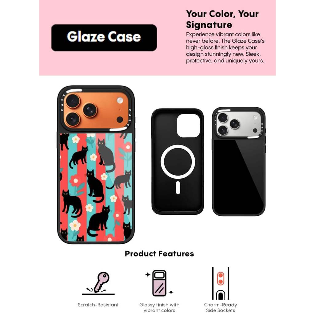 CASECASE X สีดําแมวกรณีรอยขีดข่วนแม่เหล็กดูดเคลือบสําหรับ IPhone 17 Air 16 15 14 Pro Max Plus Hard ก