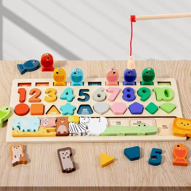 Montessori Educational Wooden Toys Preschool Children Shape Colors Busy Board Math Fishing Games Ear