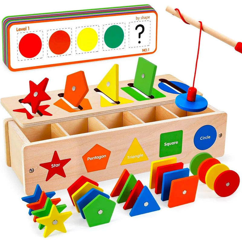 Toddler Montessori Toys Wooden Shape Color Sorting Toys Fine Motor Skill Fishing Game Activities Ear