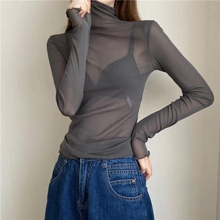 เสื้อเชิ้ตแขนยาว คอเต่า ผ้าโปร่ง แต่งลูกไม้ แบบบาง สุดเซ็กซี่ สําหรับผู้หญิง กันuv