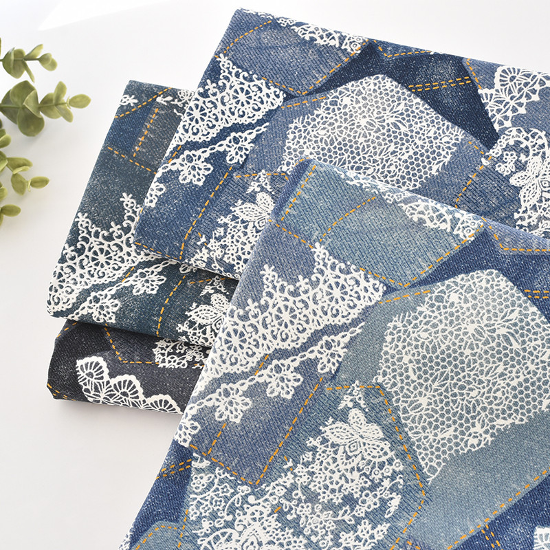 FUWARI ญี่ปุ่นนําเข้าผ้าแฟชั่น Denim รู้สึกลูกไม้พิมพ์ผ้า Home Handmade DIY ผ้า