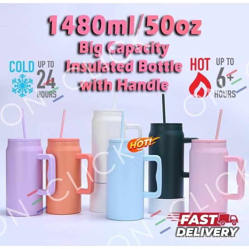 <Malaysia Stock>Modern 50oz Simple Car Cup Tumbler Handle และฝาปิดฟาง THERMOS Cup ขวดน้ําสแตนเลสแบบใ