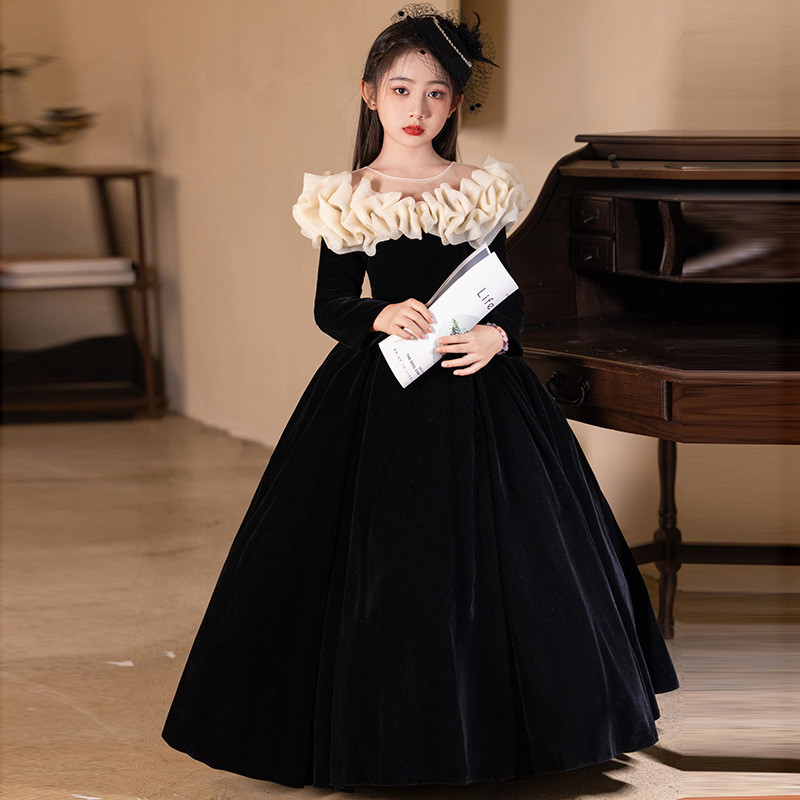 One-ไหล่สีดําสาว high-end ชุดเจ้าหญิง一字肩黑色女童高腰裙女童运动鞋秋冬季vlf1106