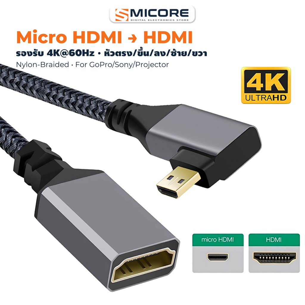 สายต่อขยาย Micro HDMI เป็น HDMI หัวตรง/งอ ขึ้น/ลง/ซ้าย/ขวา 4K@60Hz สายถักไนลอน ใช้กับ GoPro Sony โปรเจคเตอร์