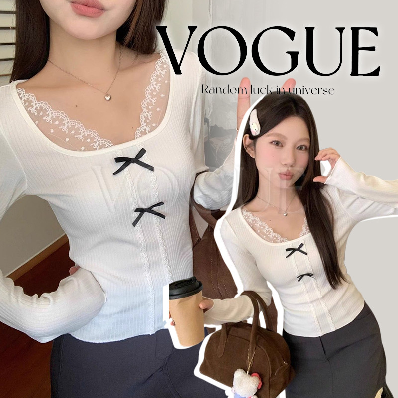 Vogue🌟พร้อมส่ง🌟 เสื้อแขนยาว คอกลม ผ้าร่องเล็ก แต่งโบว์ สีขาวใส่ง่าย (FY8803#1)
