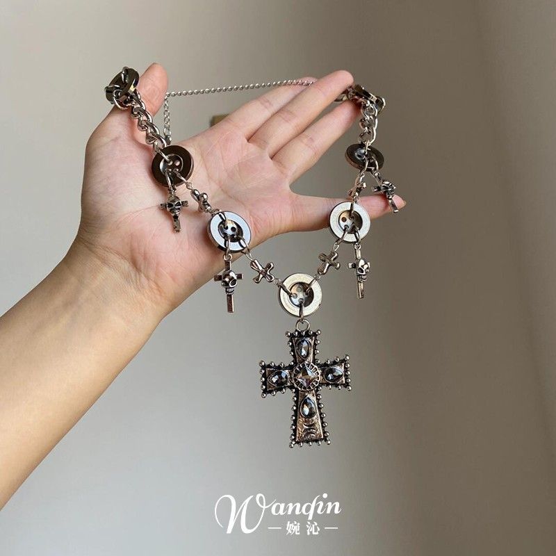 X-ORANGE Punk Cross Button Necklace Asian Culture y2k Gothic choker Accessories