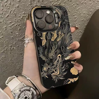 เคสโทรศัพท์ปุ่มโลหะรูปมังกรสีเหลืองทอง ไอโฟน11 For iPhone11 12 13 14 15 16 17 Pro MAX X XS XR XSMAX 7 8Plus เคสโทรศัพท์