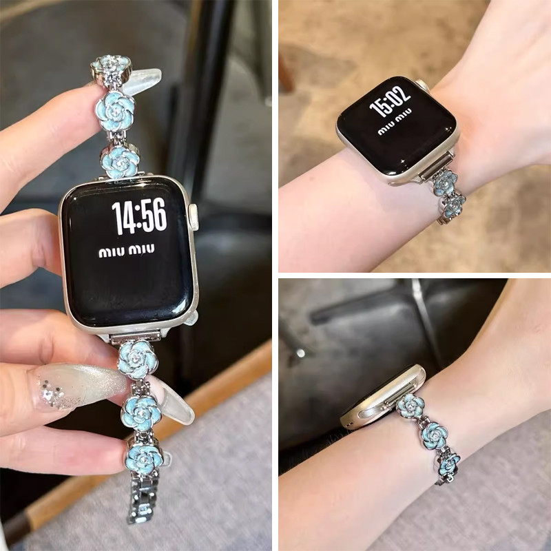 แฟชั่น creative ดอกไม้โซ่โลหะ สําหรับ Apple Watch Ultra 2/3/49 มม., S11/10/S9/8/7/41 มม./45 มม., S6/5/4/SE 44 มม./40 มม., S3/2/1 38 มม./42 มม., Luxury smart watch band สําหรับ iWatch