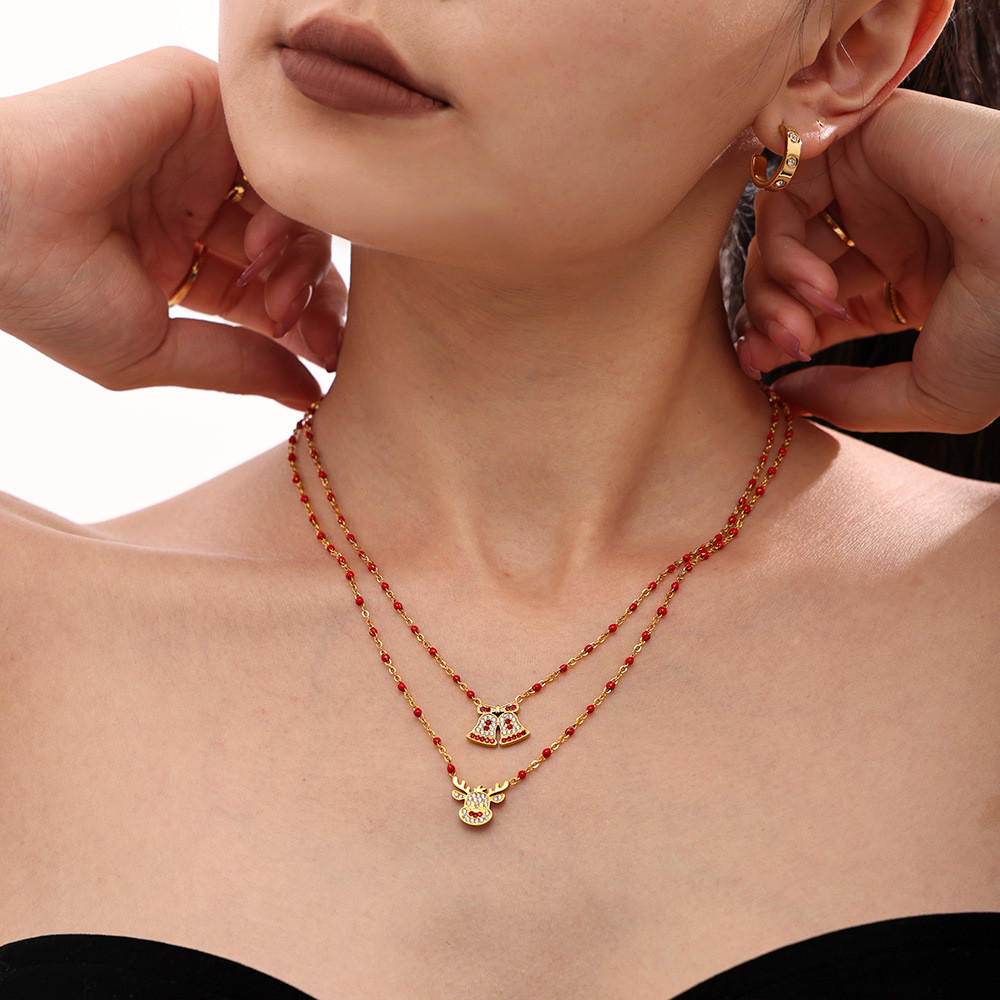 Xinyixin Christmas Series น่ารัก Bell Elk ฝังสร้อยคอเพทายสแตนเลสแฟชั่นของขวัญโรแมนติก CNR1