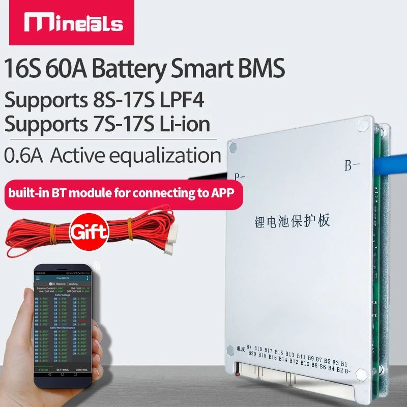 Jikong BMS 8-17S 60A BMS lifepo4 บลูทูธในตัว 0.6A Active เท่ากัน 13S 14S 16S 17S 60a smart bms 48v 6