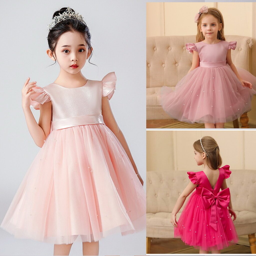 Gd4340- พร้อมส่งจากไทย ชุดออกงานเด็กหญิงสีชมพู แขนระบายสุดน่ารัก โบว์ใหญ่สวยๆ แยกจากชุดได้ ตกแต่งมุกที่กระโปรง ตัวเสื...