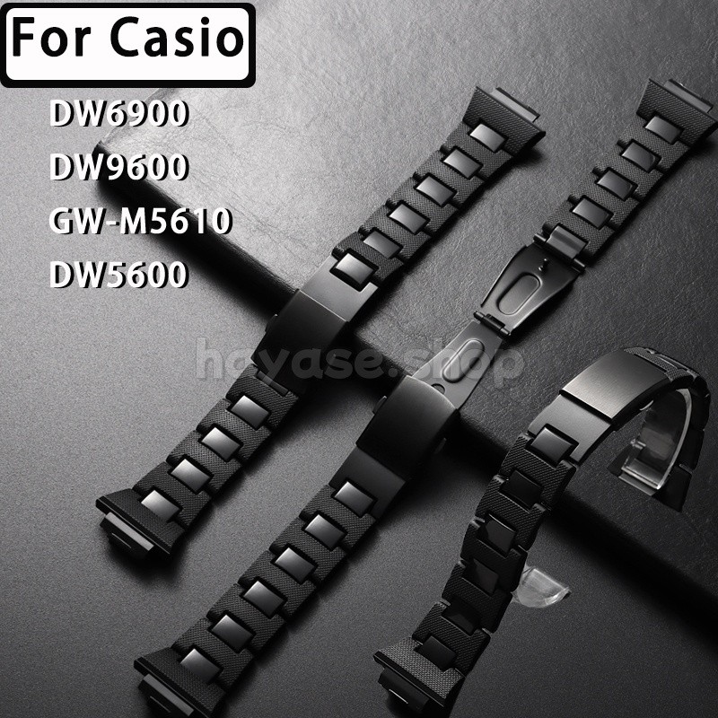 สําหรับ Casio DW6900 DW9600 GW-M5610 DW5600 สีดํา TPU + สแตนเลสสายนาฬิกาผู้ชายผู้หญิงแฟชั่น Watchban
