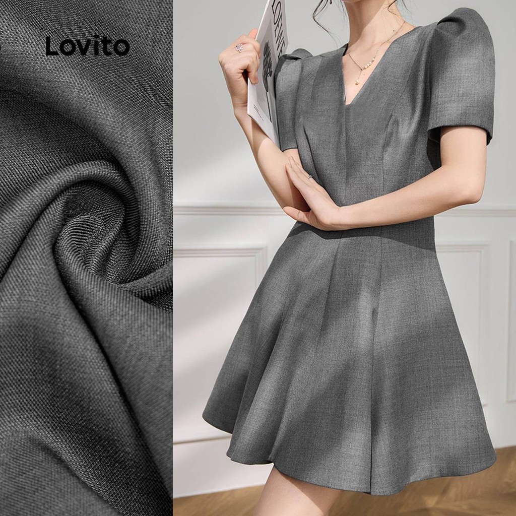 Lovito โครงสร้างชุดหรู ผ้าเย็บตะเข็บ สปริง/ซัมเมอร์ สีเทาเข้ม L137LD158