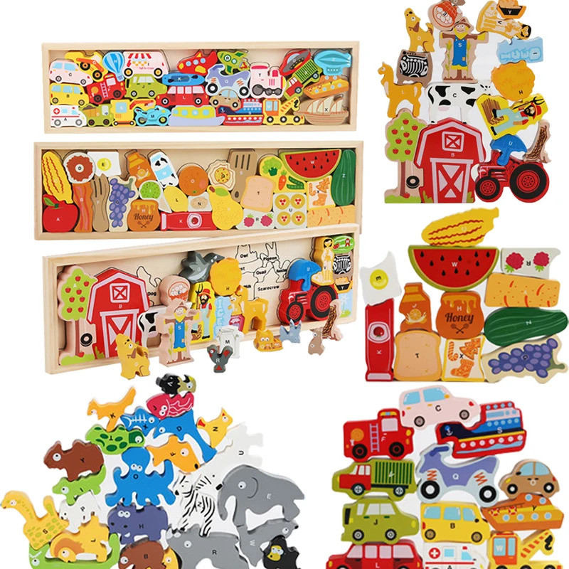 Children Montessori 3D Animal Puzzles Wooden Stacked Toy Cars Fruit Cognitive Blocks Toys Farm Marin