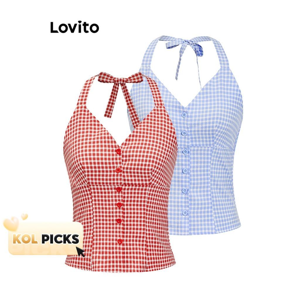 (KOL‘s pick) Lovito เสื้อคล้องคอผู้หญิง กระดุมหน้า ลายตาราง สไตล์ลำลอง L85AD203(หลากสี)