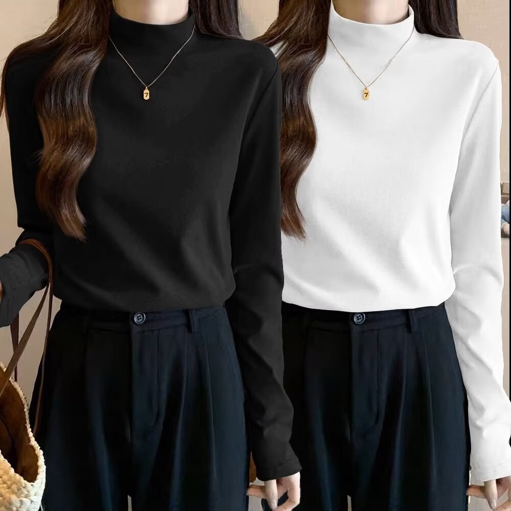 กึ่งคอเต่าแขนยาวสำหรับผู้หญิง พร้อมให้เลือกถึง 9 สี พื้นฐานและทันสมัย เหมาะสำหรับฤดูใบไม้ผลิดำเนินและฤดูร้อน