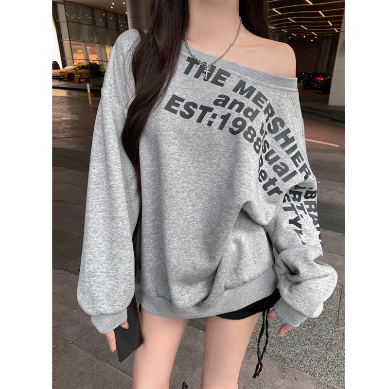 现货实用自慰器色秋装卫衣女2025新款宽松印花短袖衬衫一字领宽松IA จุดยิงจริงสีเทาฤดูใบไม้ร่วงเสื้อกันหนาวหญิง 20220251104