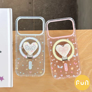 INS ผีเสื้อปมดาวปีกรูปหัวใจ Kickstand เคสโทรศัพท์แม่เหล็กสําหรับ iPhone 17 16 15 14 13 Pro Max 17Pro กันกระแทก IMD Glitter โทรศัพท์มือถือ