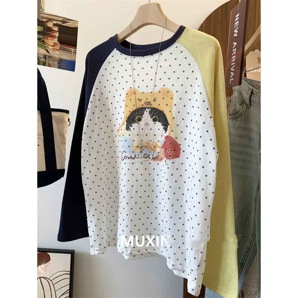 เสื้อยืดแฟชั่นสำหรับผู้หญิง แบบแขนยาว พิมพ์ลายแมวน่ารัก สไตล์ลำลอง – โปรปัง