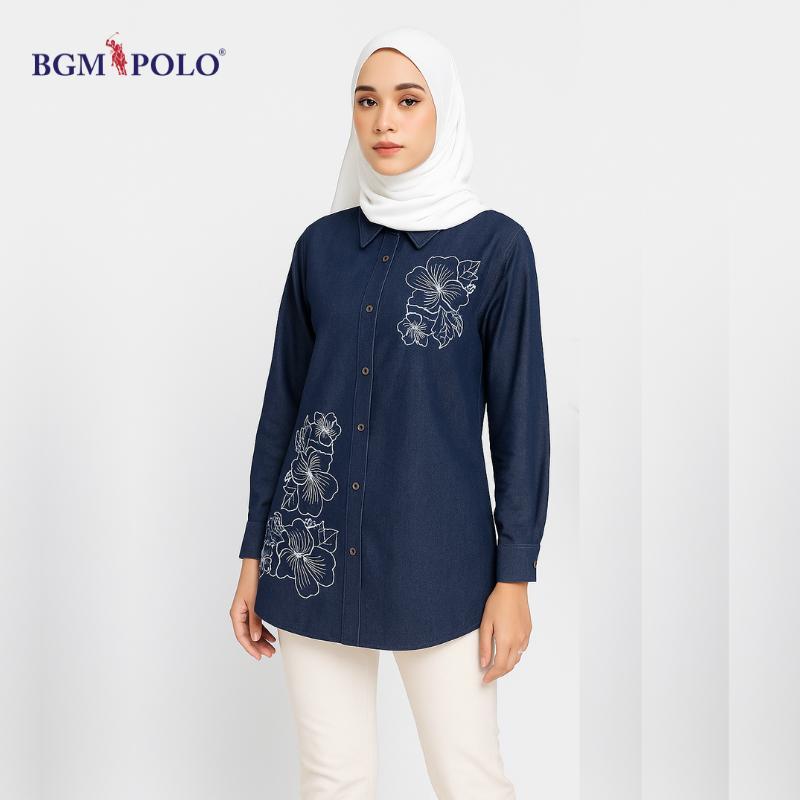 BGM POLO ดอกไม้ใหญ่ EMBRIODERY DENIM BLOUSE ปุ่มเต็ม-BP-DBBF110FB-RJ1 เสื้อผ้า Baju เสื้อ Wanita