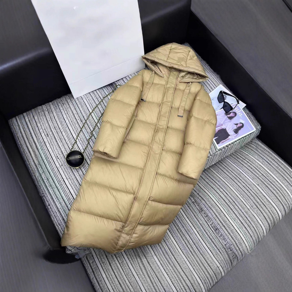 4UGA MaxMara Winter Coat for Women2025New Year90White Goose Down Hooded Drawstring Long Down Jacket 