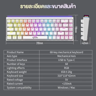 fashion คีย์บอร์ด RAIKU GK68 บลูสวิตซ์ ปุ่มไทย 68ปุ่ม คีย์บอร์ดเล่นเกม USB RGB gaming Keyboard blue switch mechanical