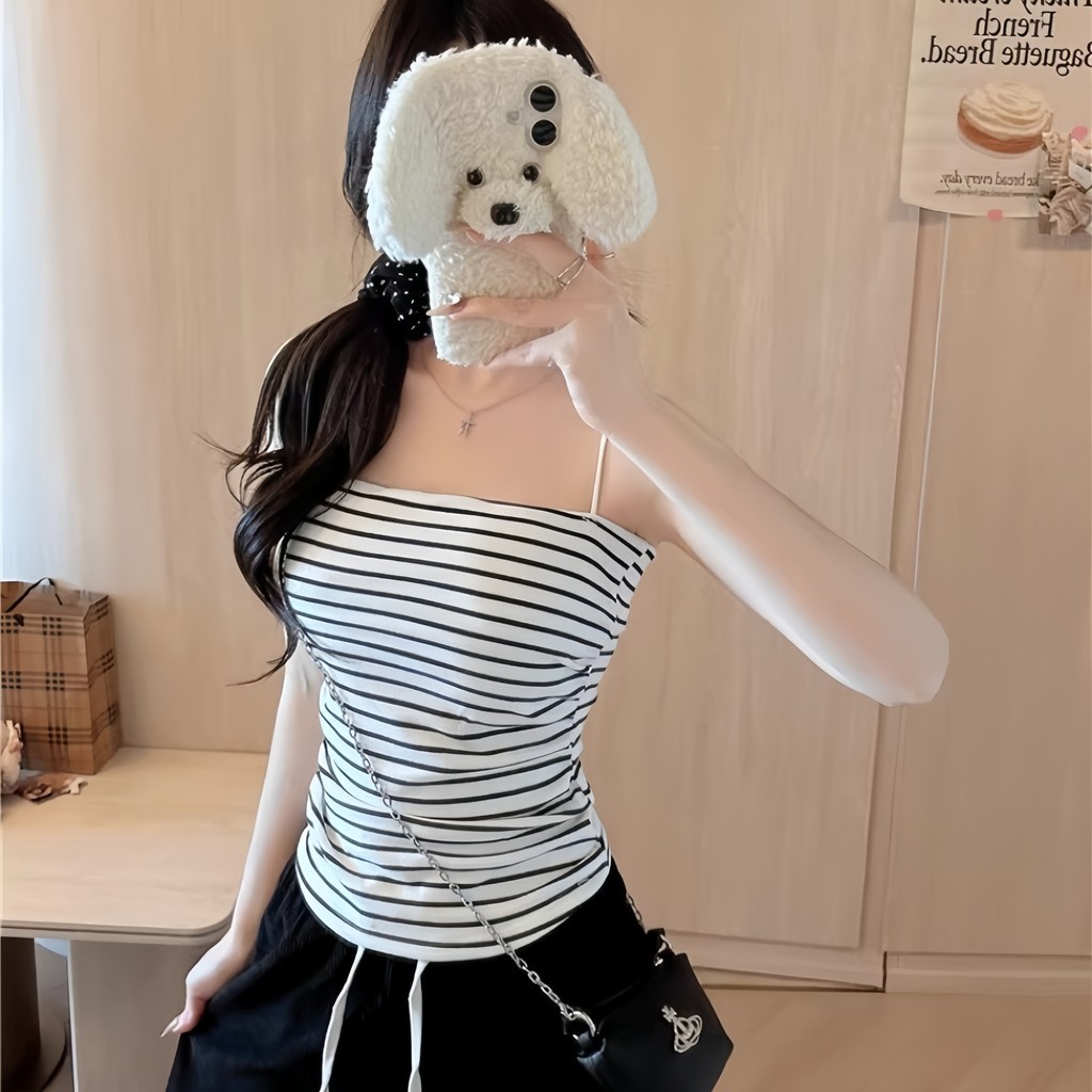 SuSu สายเดี่ยว ใส่สบาย ผ้ายืด ลายเส้น ด้วยฟองน้ำ ผ้านุ่ม ครอปแขนสั้น ราคา ถูกที่สุด ดีลบีเคเค แกลเลอรีภาพที่ 2