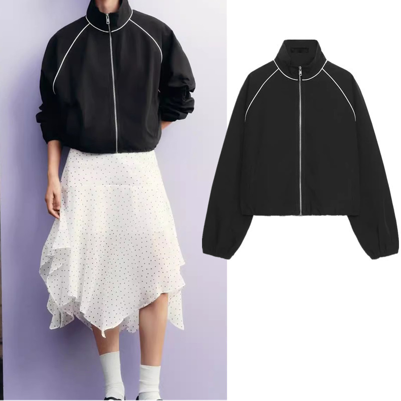 ZARAA Contrast Color Sleeve Stand Collar Zipper Nylon Puffy Jacket Coat 2949229