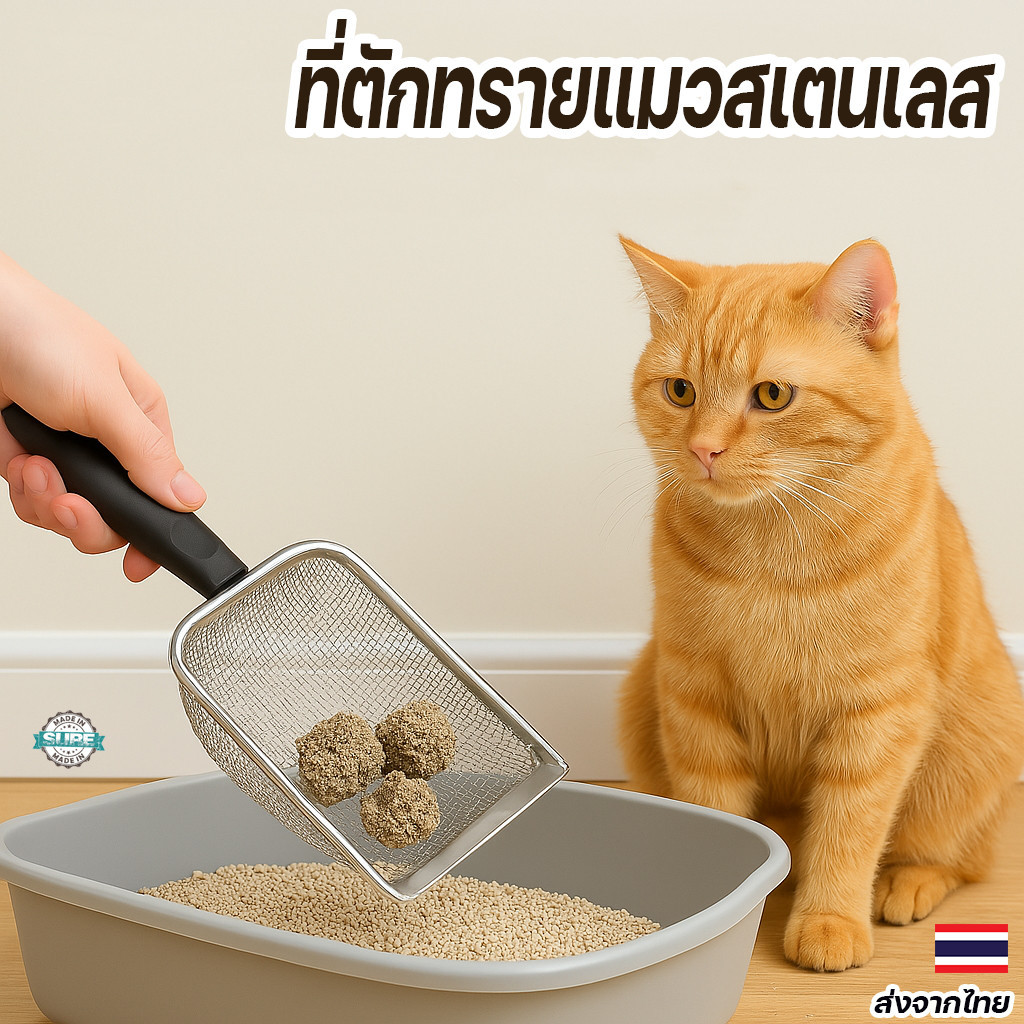 ช้อนตักทรายแมวสแตนเลส ทนทาน รูละเอียด 3.8 มม. ตักสะอาดไม่เปลืองทราย ทำความสะอาดเร็วทันใจ