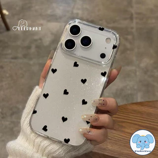 น่ารักครีมหมี15 สำหรับ IPhone 13 17 AIR 16 12 11 15 14 Pro Max XR X XS 6 7 8 15 14 Plus เคสใสเนื้อกลิตเตอร์หัวใจรักสีดำ