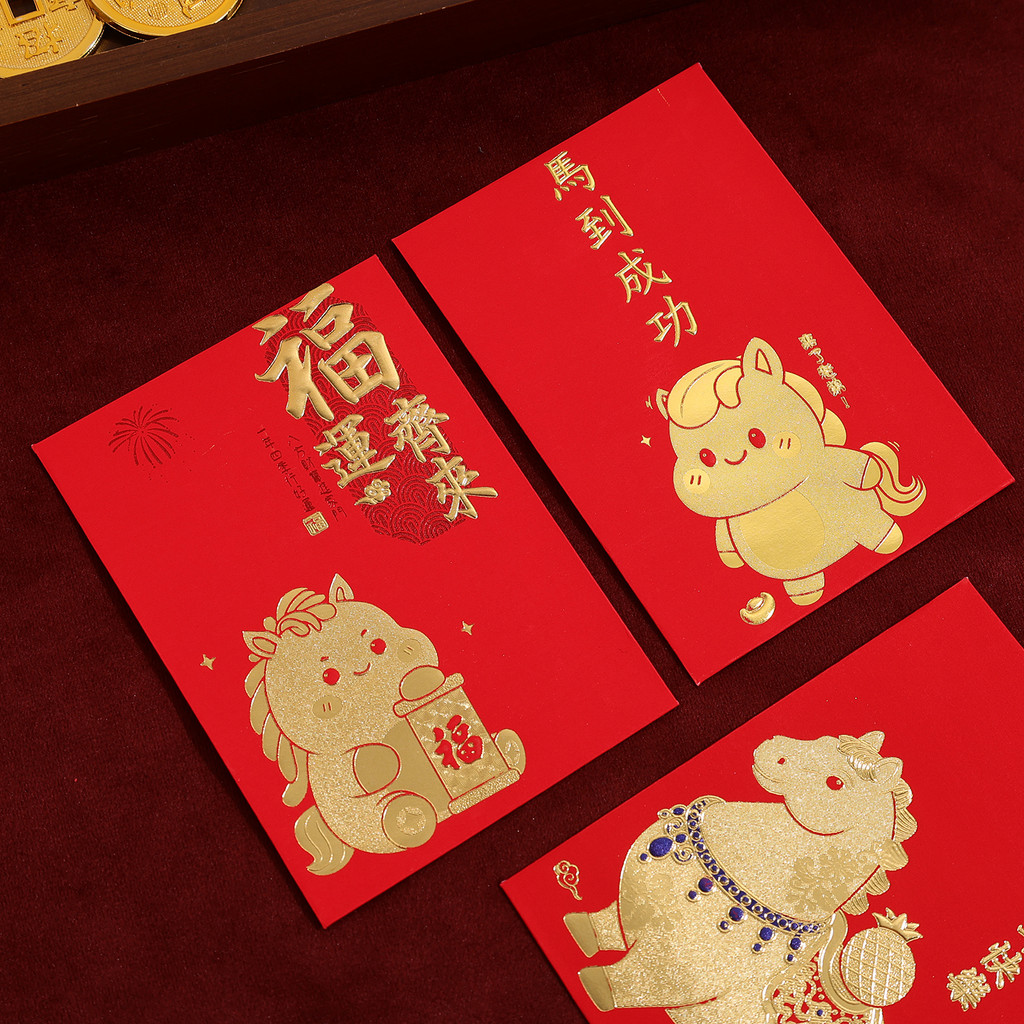ทนทานกระดาษม้าซองจดหมายสีแดงสําหรับตรุษจีน, การ์ตูนม้าออกแบบเงินแพ็คเก็ตสัญลักษณ์โชคดี, ของขวัญเทศกาลฤดูใบไม้ผลิ 6/12/18 ชิ้น - รูปที่ 2