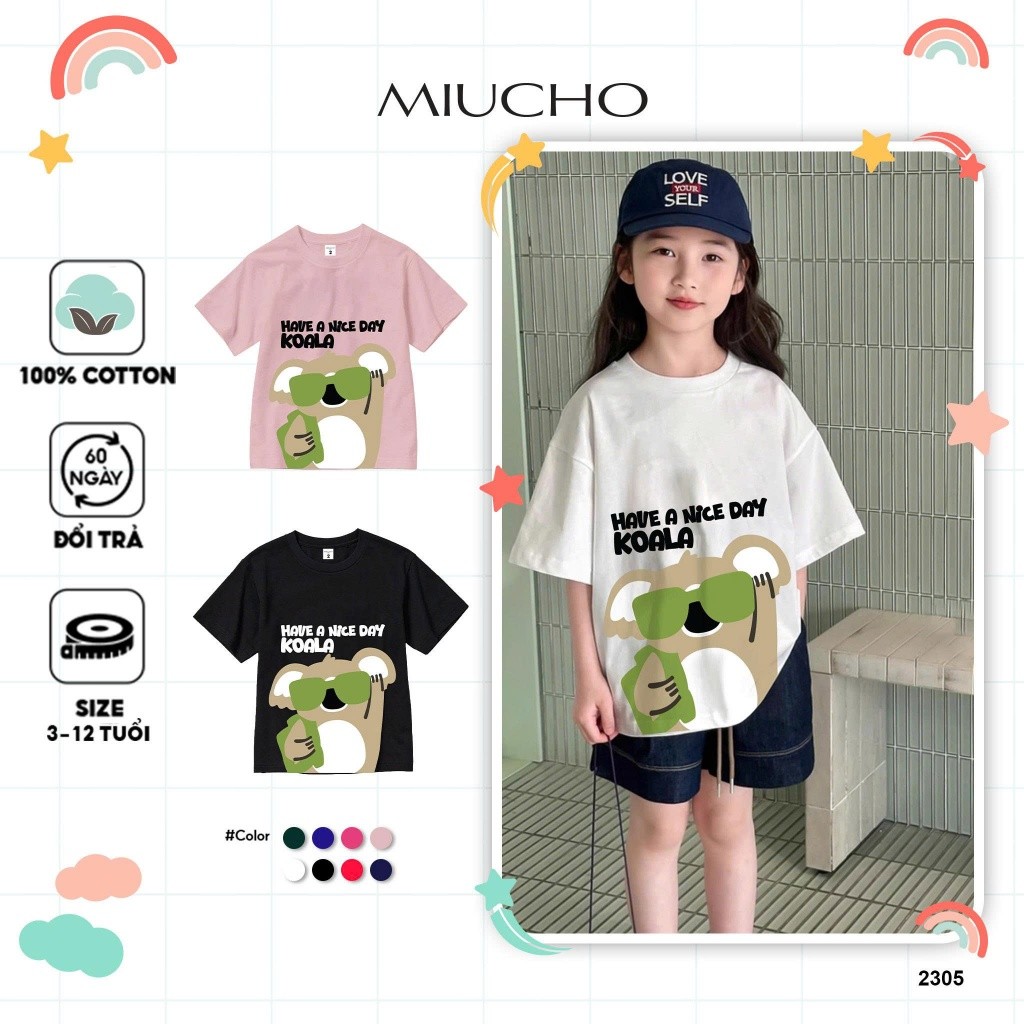 เสื้อยืดทรงหลวมพิมพ์ลายน่ารักสําหรับเด็ก AED2305 Miucho Kid ผ้าคอตตอนเนื้อนุ่ม โปร่งสบาย